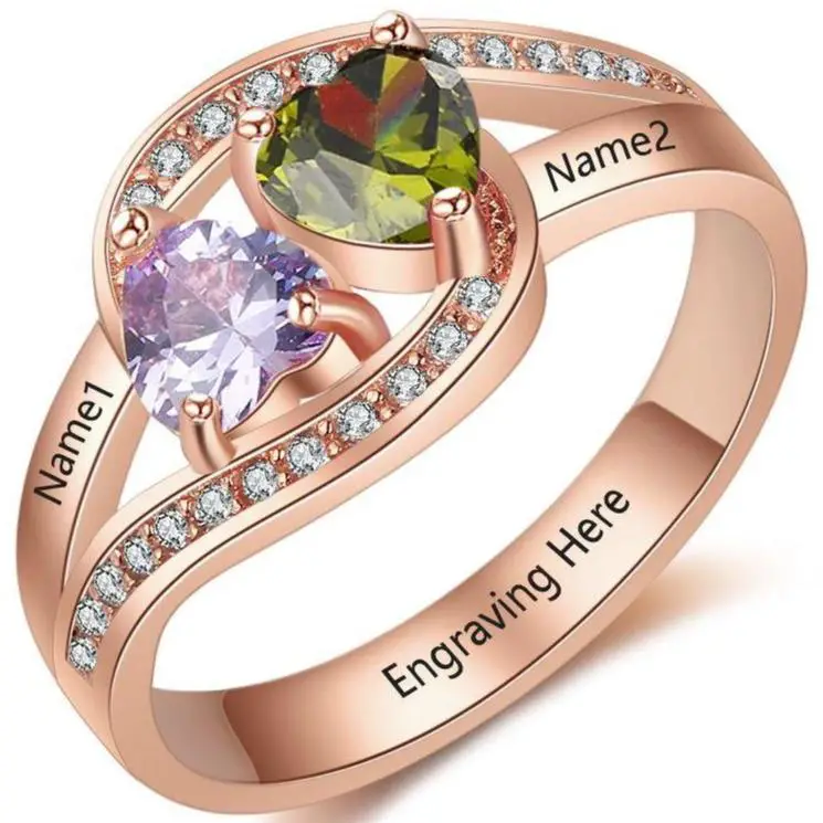 ThinkEngraved Peronalized Ring 6 Personalized Rose Gold Mother's Ring 2 Heart Birthstones Passing Hearts 2 Names