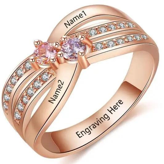 ThinkEngraved Peronalized Ring 6 Rose Gold Mother's Ring 2 Birthstones X-Band 2 Engraved Names Paved Gems