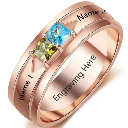 ThinkEngraved Peronalized Ring 6 Rose Gold Mothers Ring 2 Pillow Cut Birthstones 2 Engraved Names