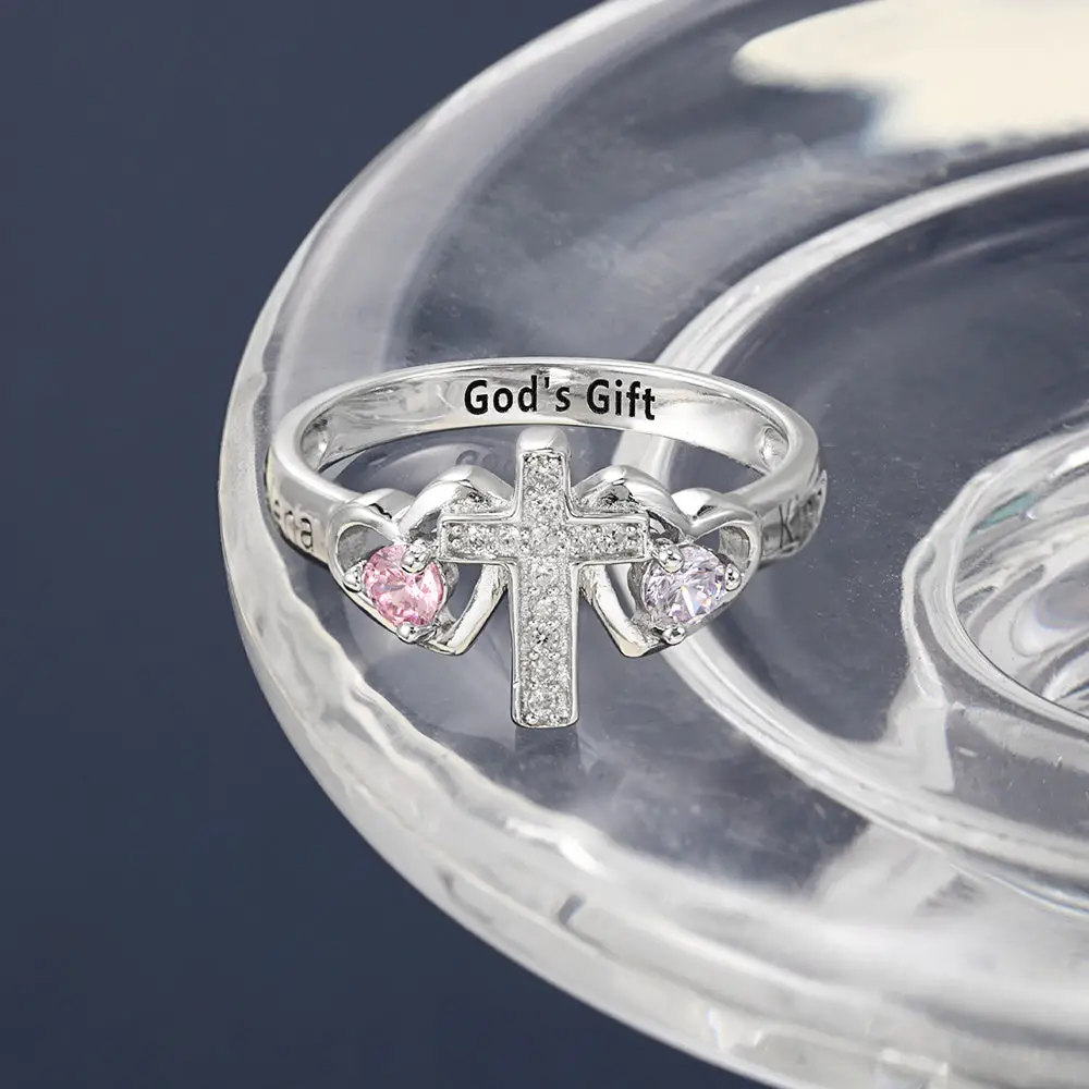 ThinkEngraved Peronalized Ring Custom Engraved Name and 2 Birthstone Cross Mother's Ring .925 Sterling Silver