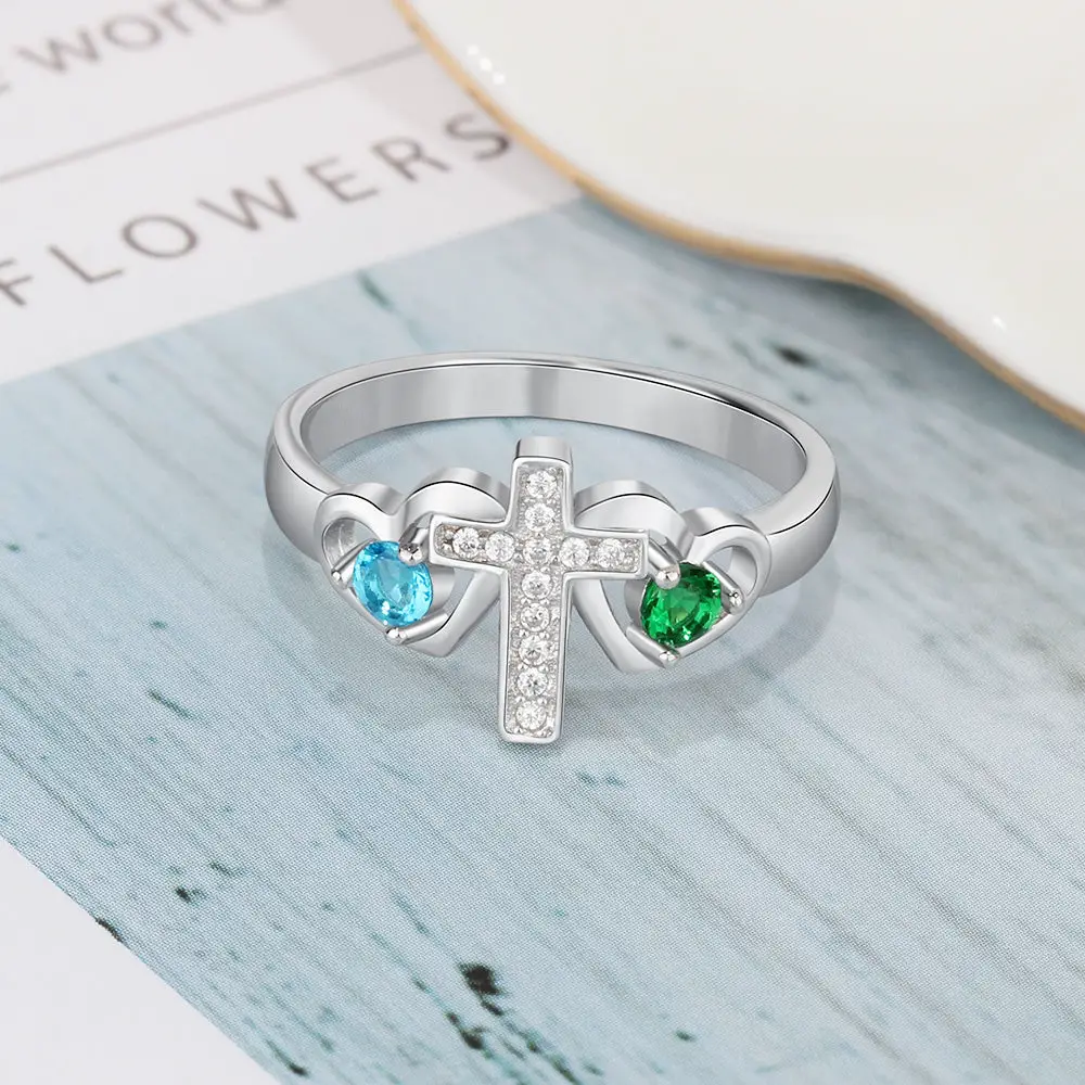 ThinkEngraved Peronalized Ring Custom Engraved Name and 2 Birthstone Cross Mother's Ring .925 Sterling Silver