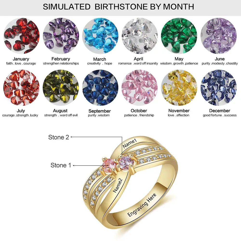 ThinkEngraved Peronalized Ring Gold Mother's Ring 2 Birthstones X-Band 2 Engraved Names Paved Gems