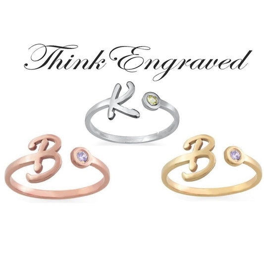 ThinkEngraved Peronalized Ring Hand Forged Initial Ring With Your Choice Of Birthstone - Silver, Gold or Rose Gold