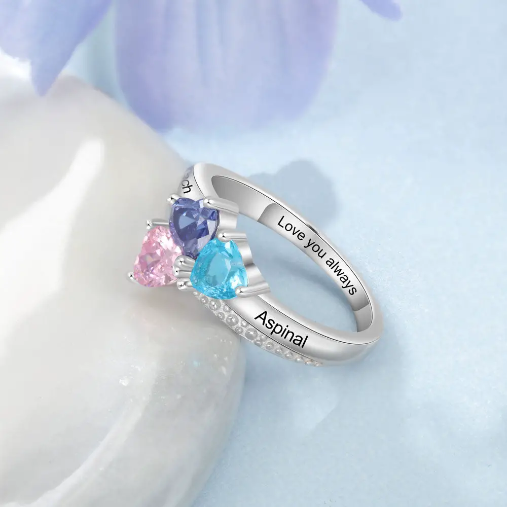 ThinkEngraved Peronalized Ring Mother's Ring 3 Heart Birthstones and 3 Engraved Names