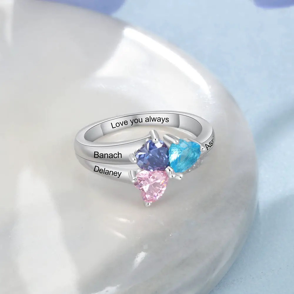 ThinkEngraved Peronalized Ring Mother's Ring 3 Heart Birthstones and 3 Engraved Names