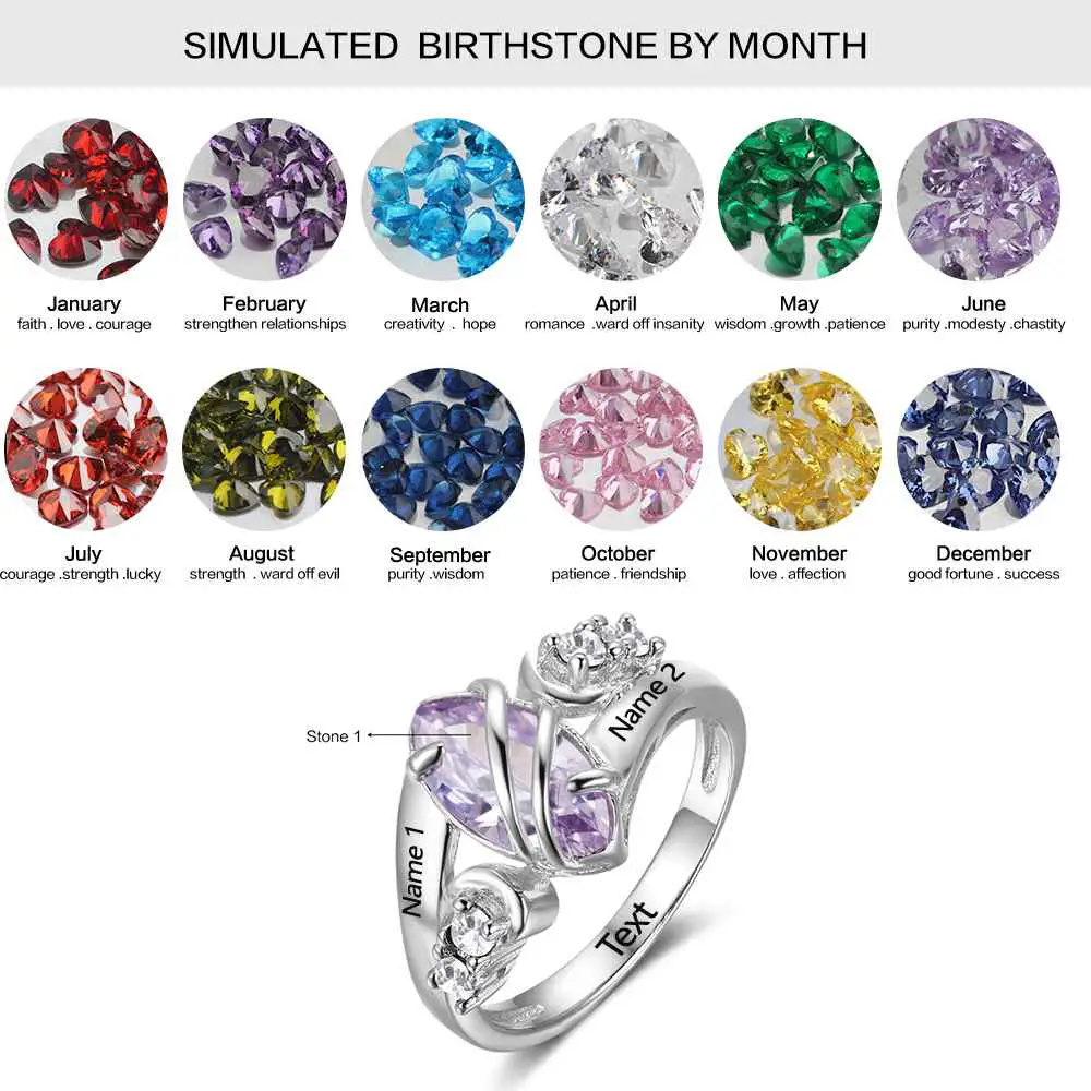 ThinkEngraved Peronalized Ring Personalized 1 Birthstone Mother's Ring Wrapped In Love 2 Engraved Names