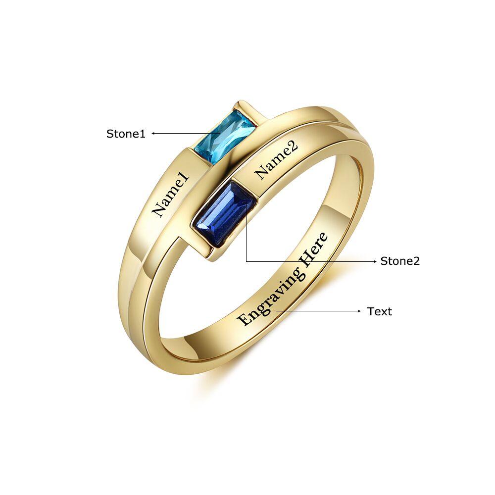 ThinkEngraved Peronalized Ring Personalized 2 Baguette Stones Gold Mother's Ring 2 Engraved Names