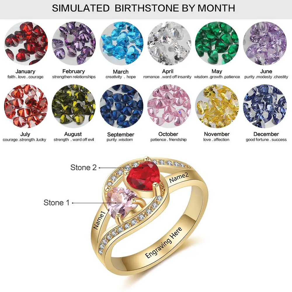 ThinkEngraved Peronalized Ring Personalized 2 Birthstone Gold Mother's Ring Passing Hearts 2 Engraved Names