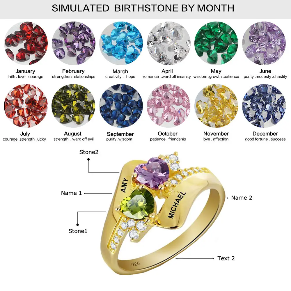 ThinkEngraved Peronalized Ring Personalized 2 Birthstone Gold Mothers Ring - Classic Heart Birthstones 2 Names