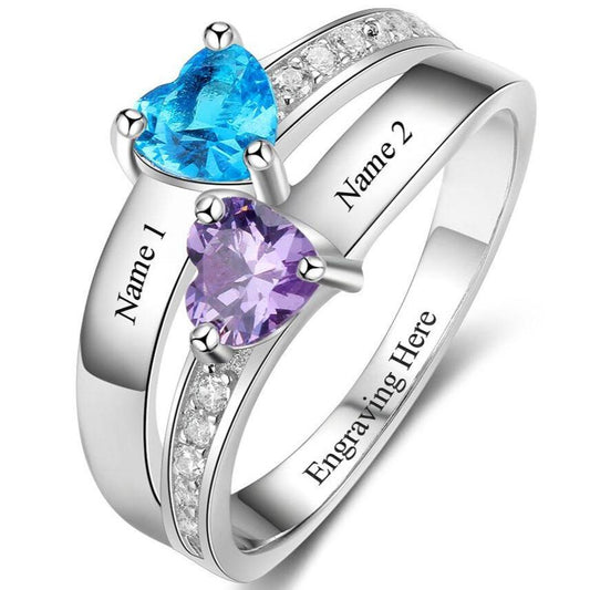 ThinkEngraved Peronalized Ring Personalized 2 Birthstone Mother's Ring Elegant Hearts 2 Engraved Names