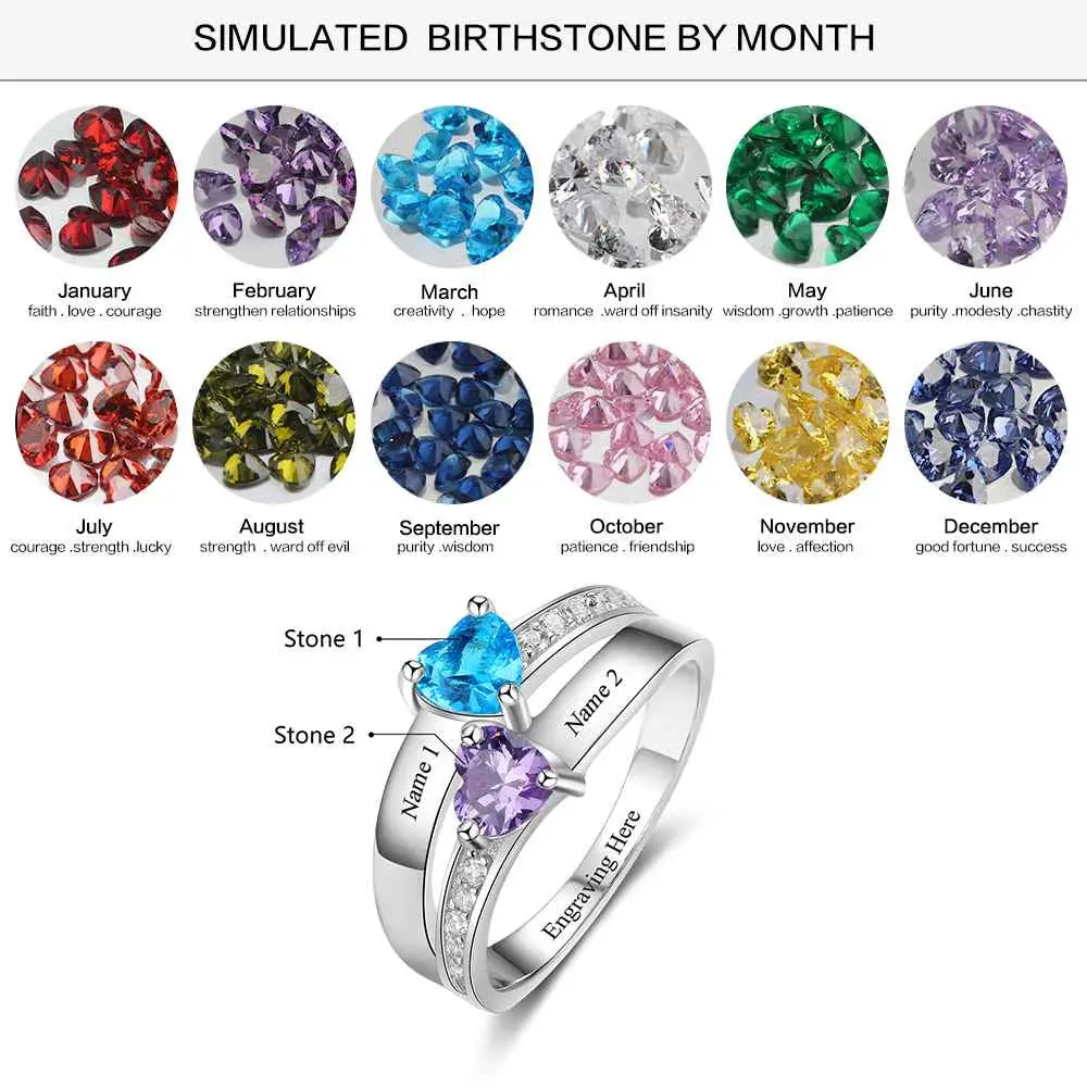 ThinkEngraved Peronalized Ring Personalized 2 Birthstone Mother's Ring Elegant Hearts 2 Engraved Names