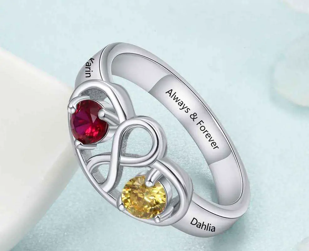 ThinkEngraved Peronalized Ring Personalized 2 Birthstone Mother's Ring Embraced Infinity 2 Names