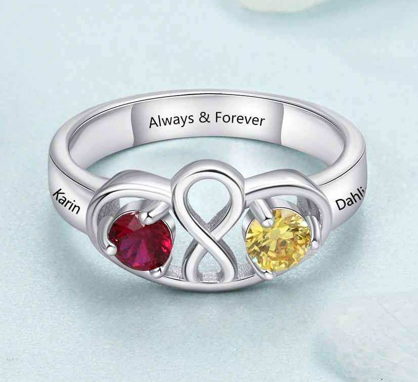 ThinkEngraved Peronalized Ring Personalized 2 Birthstone Mother's Ring Embraced Infinity 2 Names
