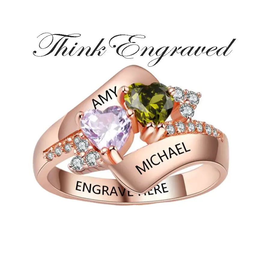 ThinkEngraved Peronalized Ring Personalized 2 Birthstone Rose Gold Mothers Ring - Classic Heart Birthstones 2 Names