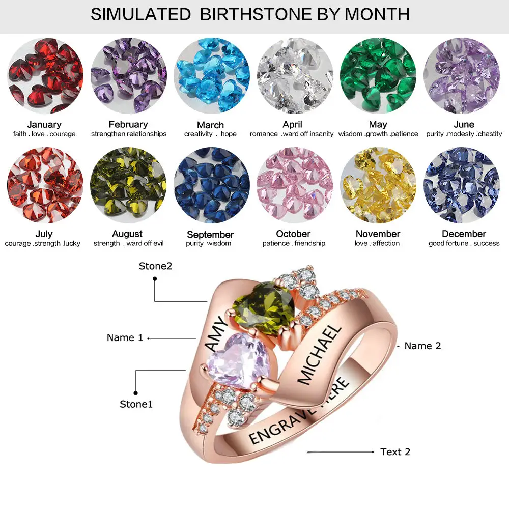 ThinkEngraved Peronalized Ring Personalized 2 Birthstone Rose Gold Mothers Ring - Classic Heart Birthstones 2 Names