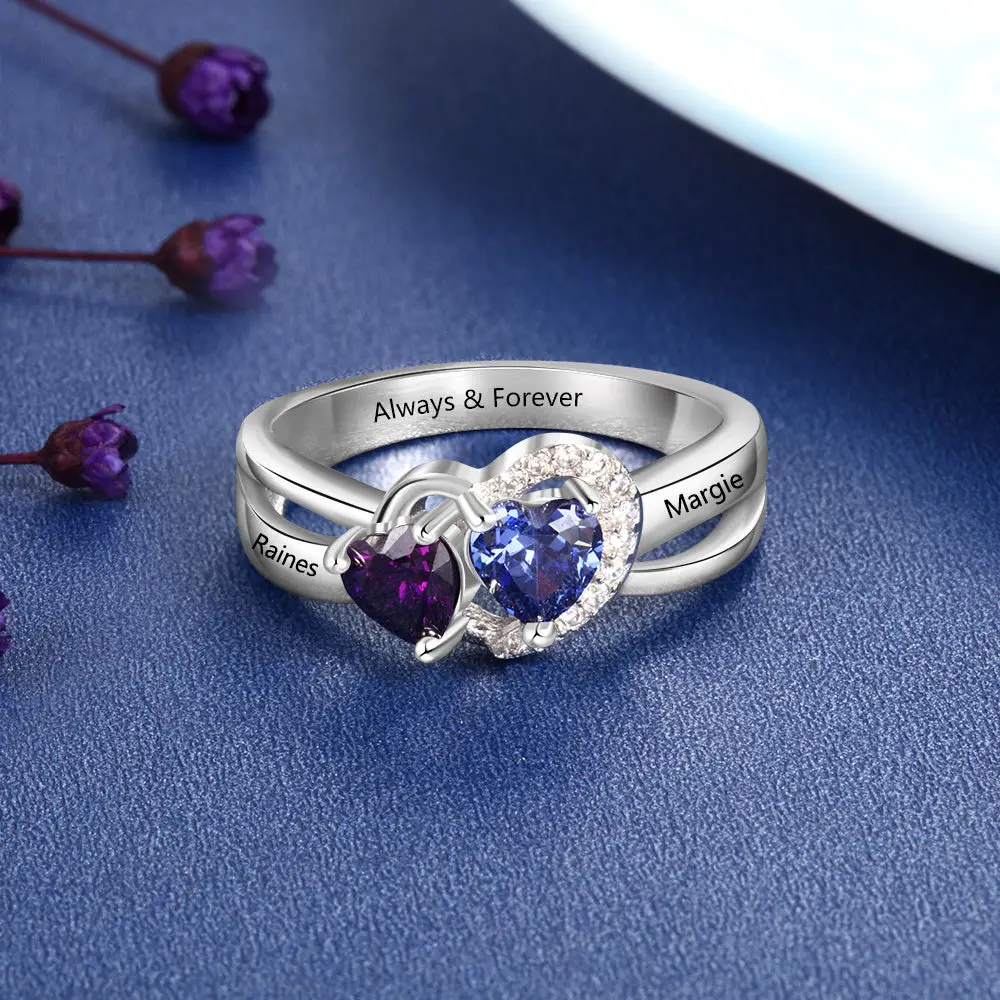 ThinkEngraved Peronalized Ring Personalized 2 Heart Birthstone Mother's Hearts 2 Engraved Names