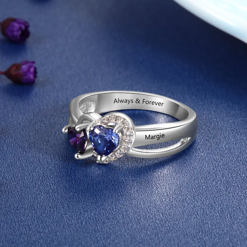 ThinkEngraved Peronalized Ring Personalized 2 Heart Birthstone Mother's Hearts 2 Engraved Names