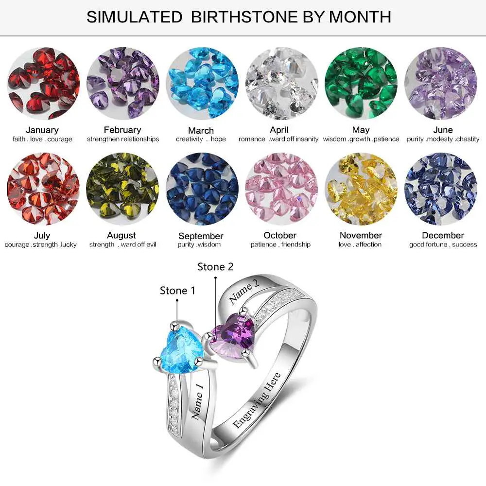 ThinkEngraved Peronalized Ring Personalized 2 Heart Birthstone Mother's Ring Tiered Hearts 2 Names