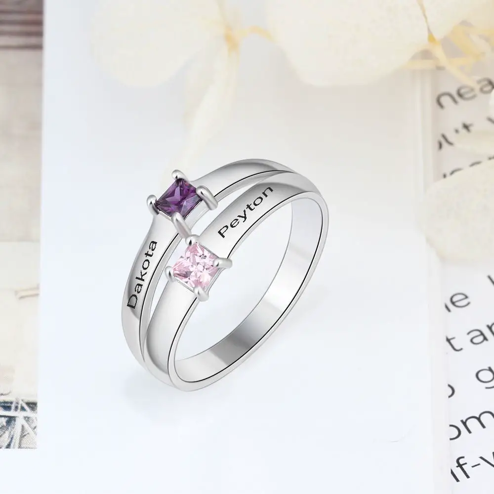 ThinkEngraved Peronalized Ring Personalized 2 Pillow Cut Birthstone Mother's Ring With 2 Engraved Names