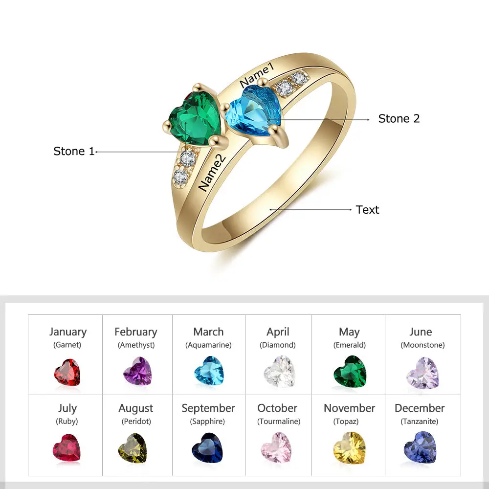 ThinkEngraved Peronalized Ring Personalized Gold Mothers Ring 2 Heart Birthstones Loves Best 2 Names