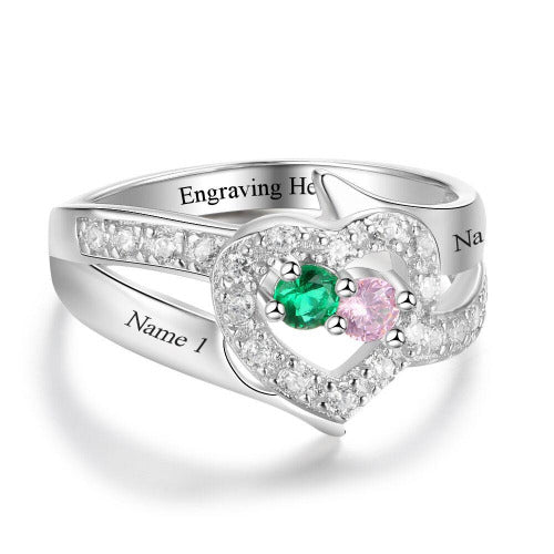 ThinkEngraved Peronalized Ring Personalized Mother's Ring 2 Birthstones 2 Names Paved Heart