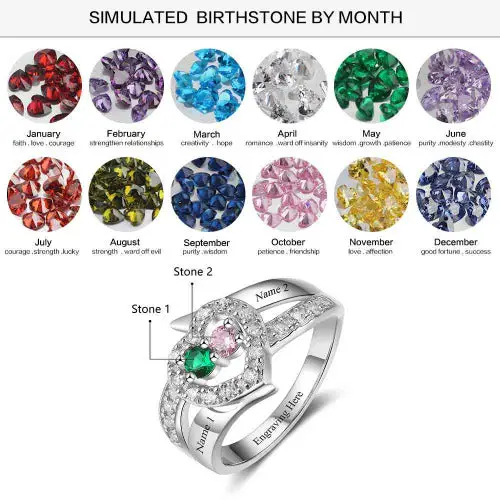 ThinkEngraved Peronalized Ring Personalized Mother's Ring 2 Birthstones 2 Names Paved Heart