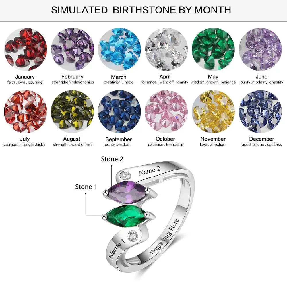 ThinkEngraved Peronalized Ring Personalized Mother's Ring 2 Marquis Dual Birthstones 2 Engraved Names