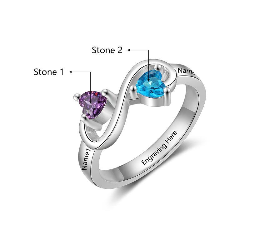 ThinkEngraved Peronalized Ring Personalized Mothers Infinity Ring 2 Heart Birthstones 2 Engraved Names