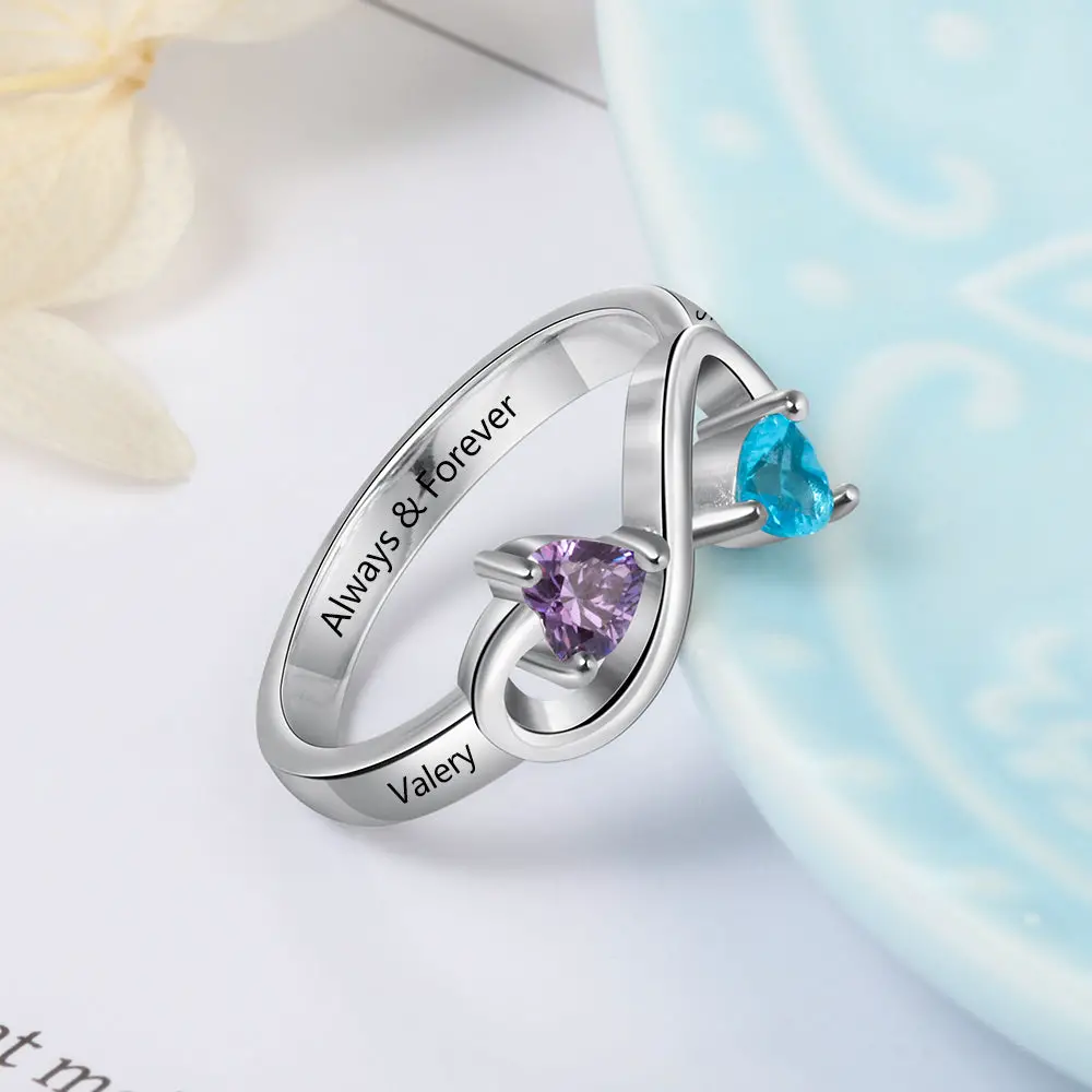 ThinkEngraved Peronalized Ring Personalized Mothers Infinity Ring 2 Heart Birthstones 2 Engraved Names