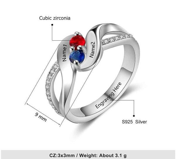 ThinkEngraved Peronalized Ring Personalized Mothers Ring 2 Birthstone Swept Hearts 2 Engraved Names