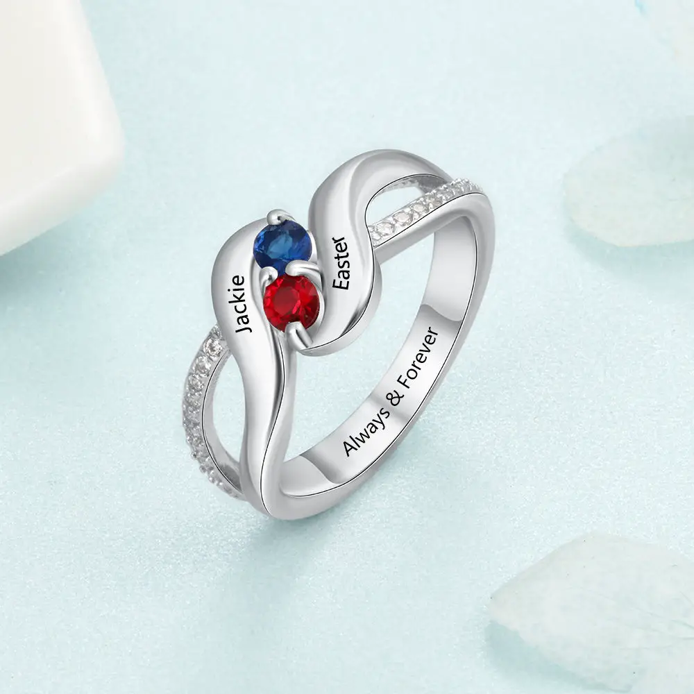 ThinkEngraved Peronalized Ring Personalized Mothers Ring 2 Birthstone Swept Hearts 2 Engraved Names