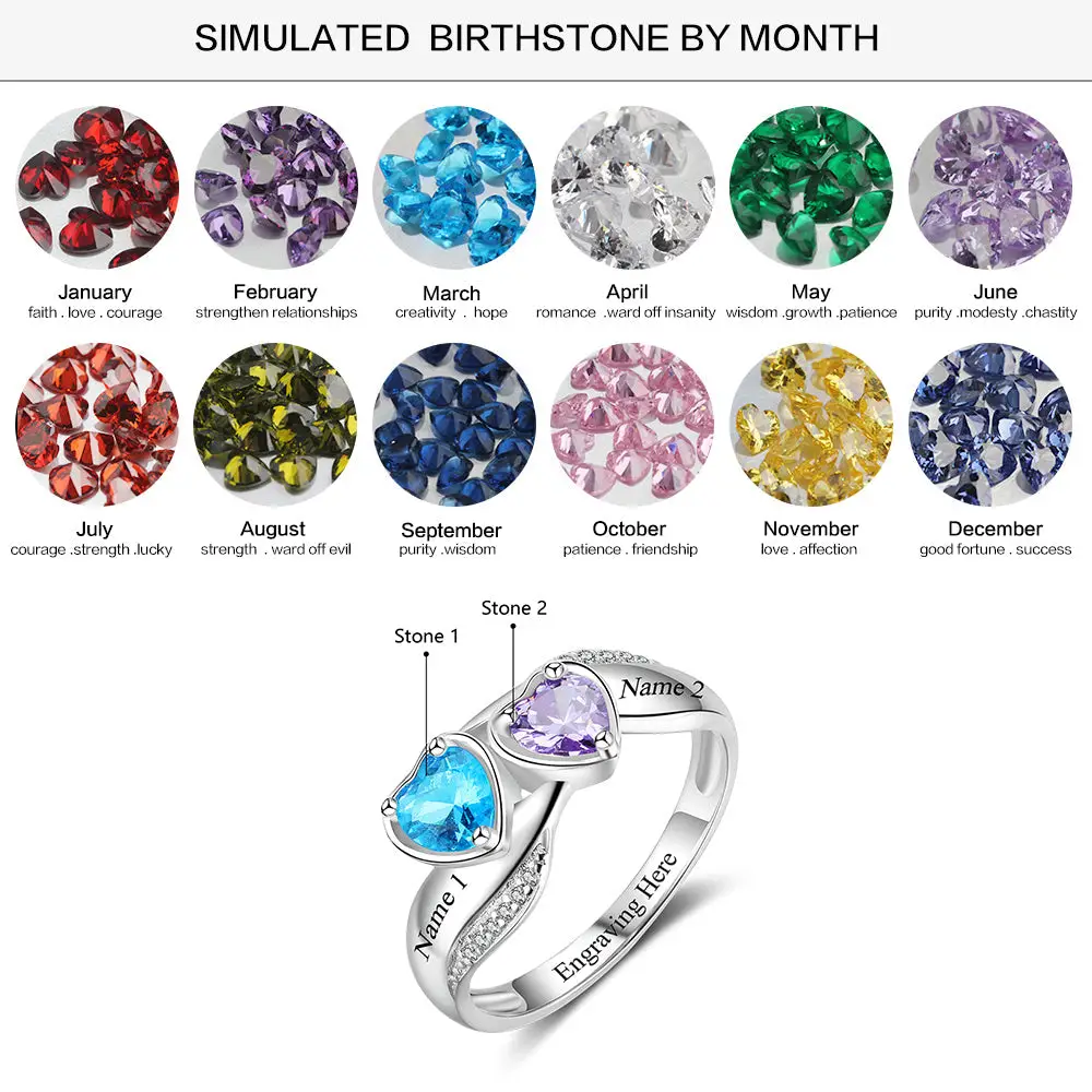 ThinkEngraved Peronalized Ring Personalized Mothers Ring 2 Heart Birthstones Lovely Hearts 2 Names
