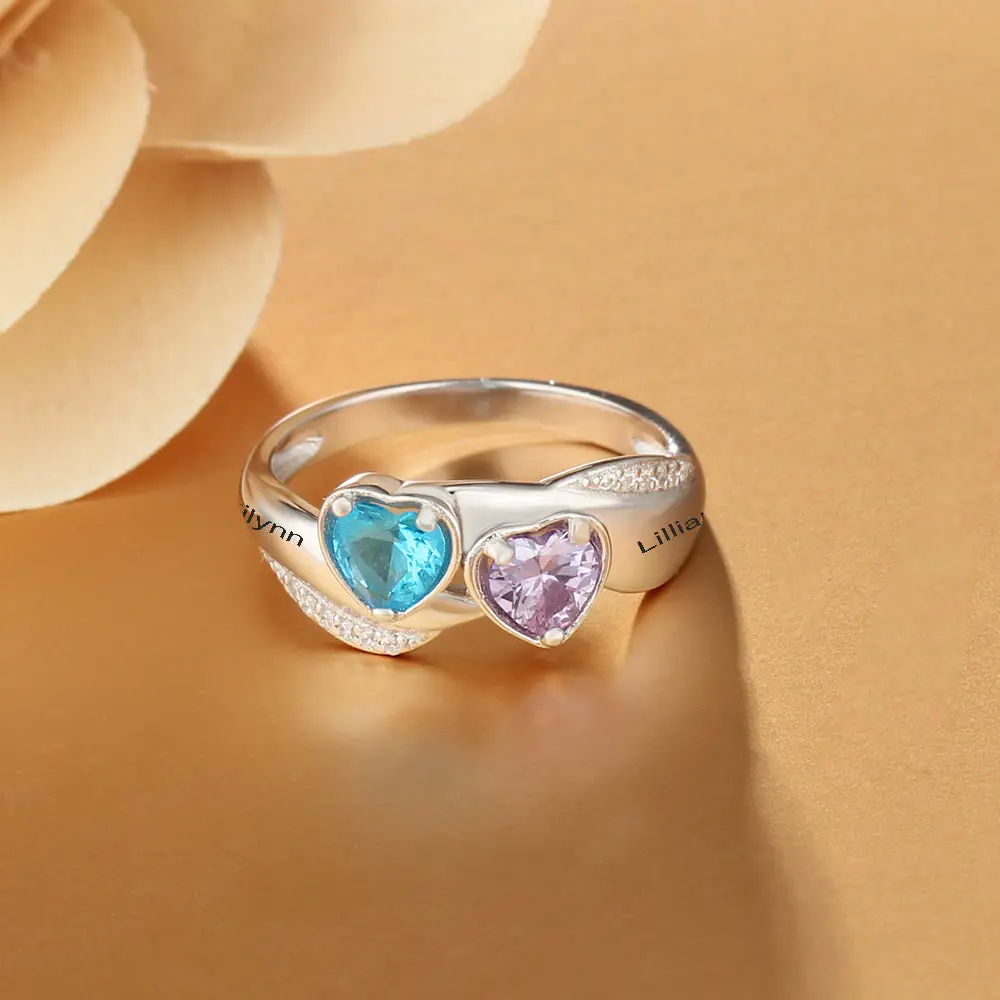 ThinkEngraved Peronalized Ring Personalized Mothers Ring 2 Heart Birthstones Lovely Hearts 2 Names