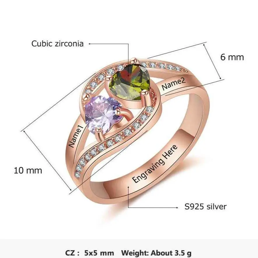 ThinkEngraved Peronalized Ring Personalized Rose Gold Mother's Ring 2 Heart Birthstones Passing Hearts 2 Names