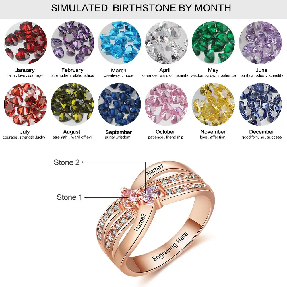 ThinkEngraved Peronalized Ring Rose Gold Mother's Ring 2 Birthstones X-Band 2 Engraved Names Paved Gems