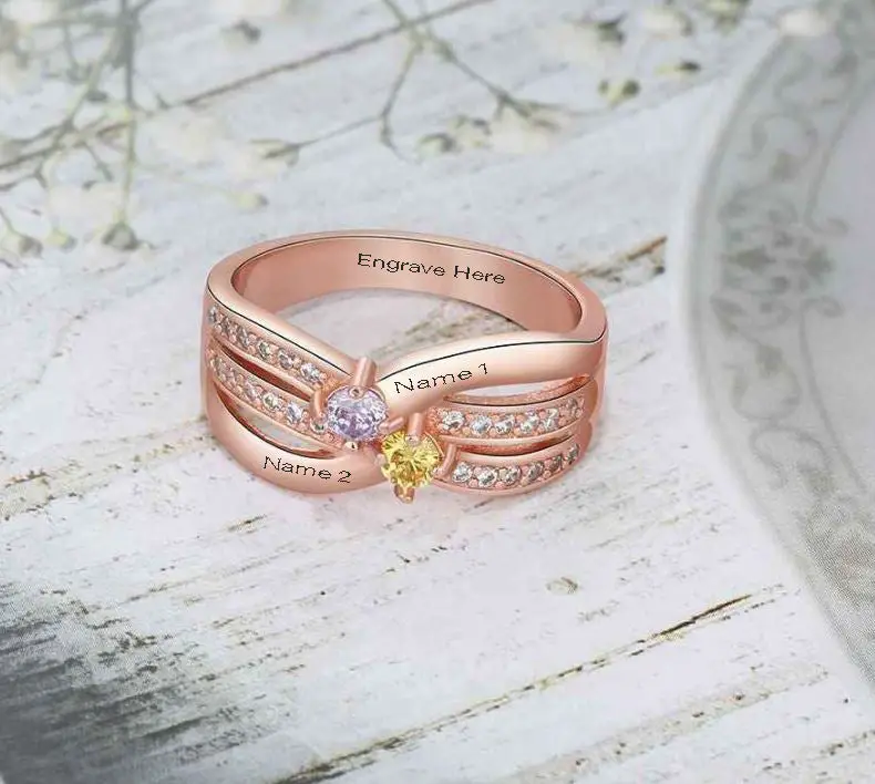 ThinkEngraved Peronalized Ring Rose Gold Mother's Ring 2 Birthstones X-Band 2 Engraved Names Paved Gems