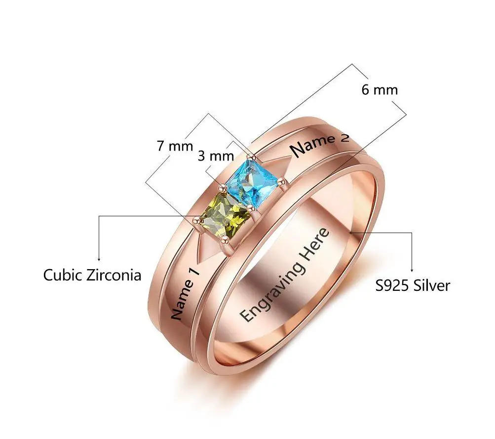 ThinkEngraved Peronalized Ring Rose Gold Mothers Ring 2 Pillow Cut Birthstones 2 Engraved Names
