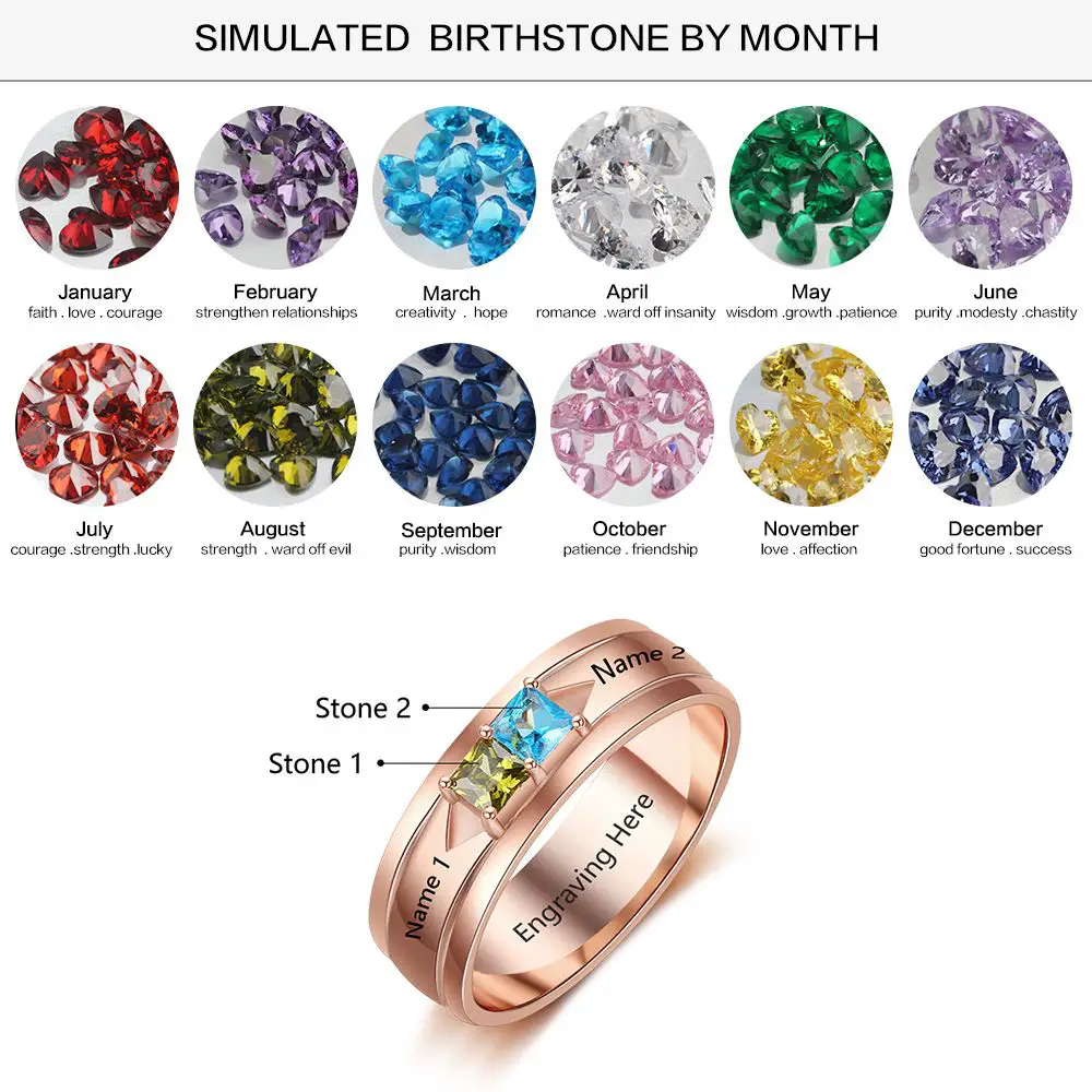 ThinkEngraved Peronalized Ring Rose Gold Mothers Ring 2 Pillow Cut Birthstones 2 Engraved Names
