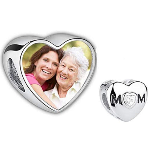 ThinkEngraved Personalized Charms Custom Photo Heart Charm - Mom Photo Charm with Jewel Mom Bead