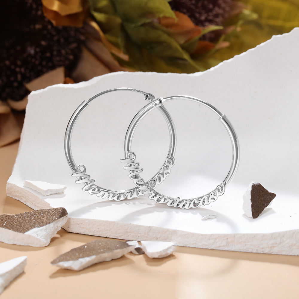 Script Engraving Jewelry Personalized Cursive Script Name Hoop Earrings - Gold, Silver, Rose Go ...