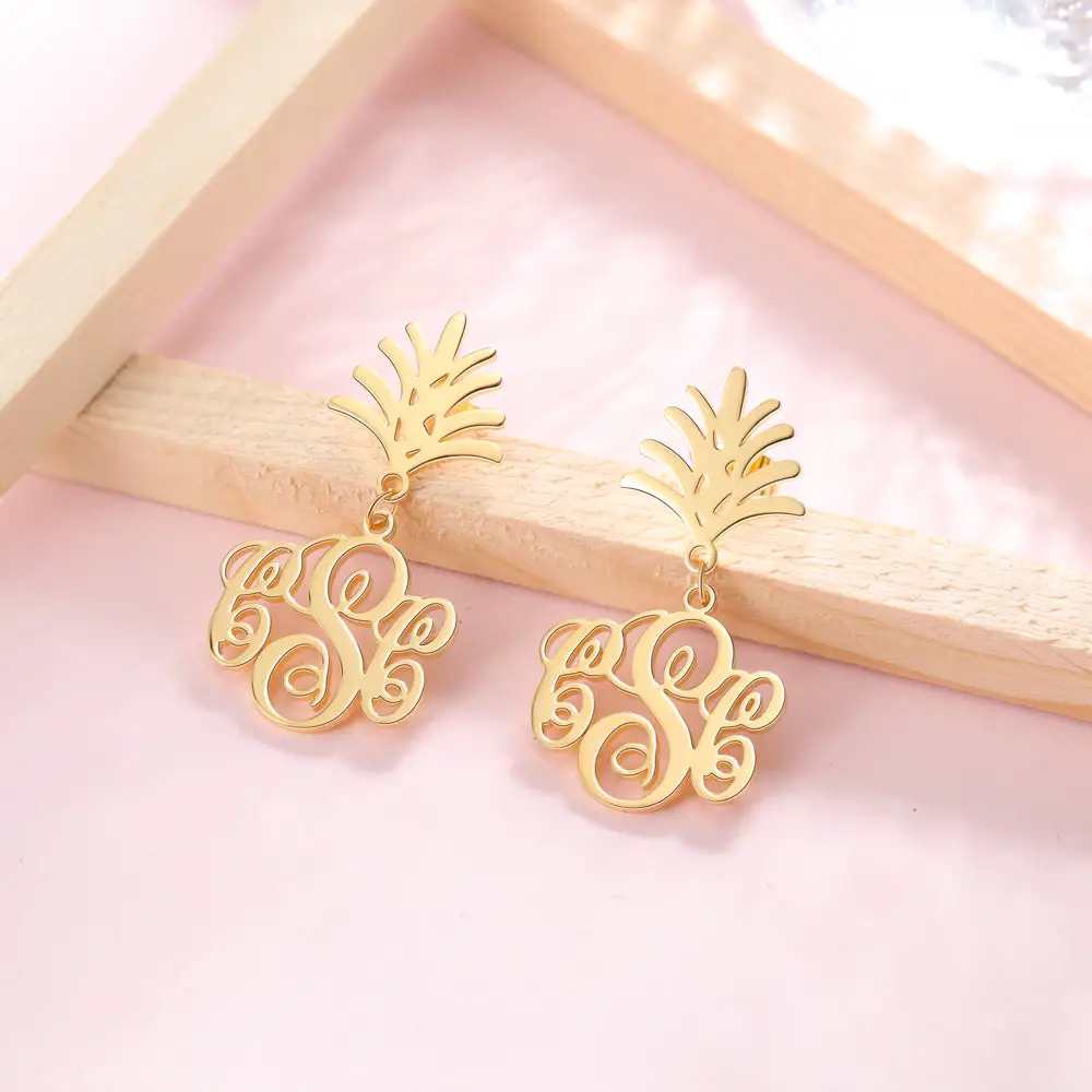 Thinkengraved Personalized Earrings Personalized Monogram Pineapple Name Earrings - Gold, Silver, Rose Gold