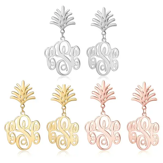 Thinkengraved Personalized Earrings Personalized Monogram Pineapple Name Earrings - Gold, Silver, Rose Gold