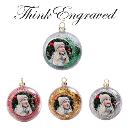 ThinkEngraved Personalized Ornament Custom Photo Christmas Ornament Clear With Tinsel Red, Gold, Silver Green
