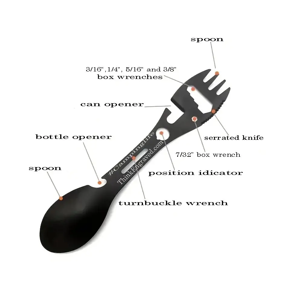 ThinkEngraved Personalized utensils Personalized 12 IN 1 Camping Spoon, Fork Multi Tool With a Wrench Knife and more