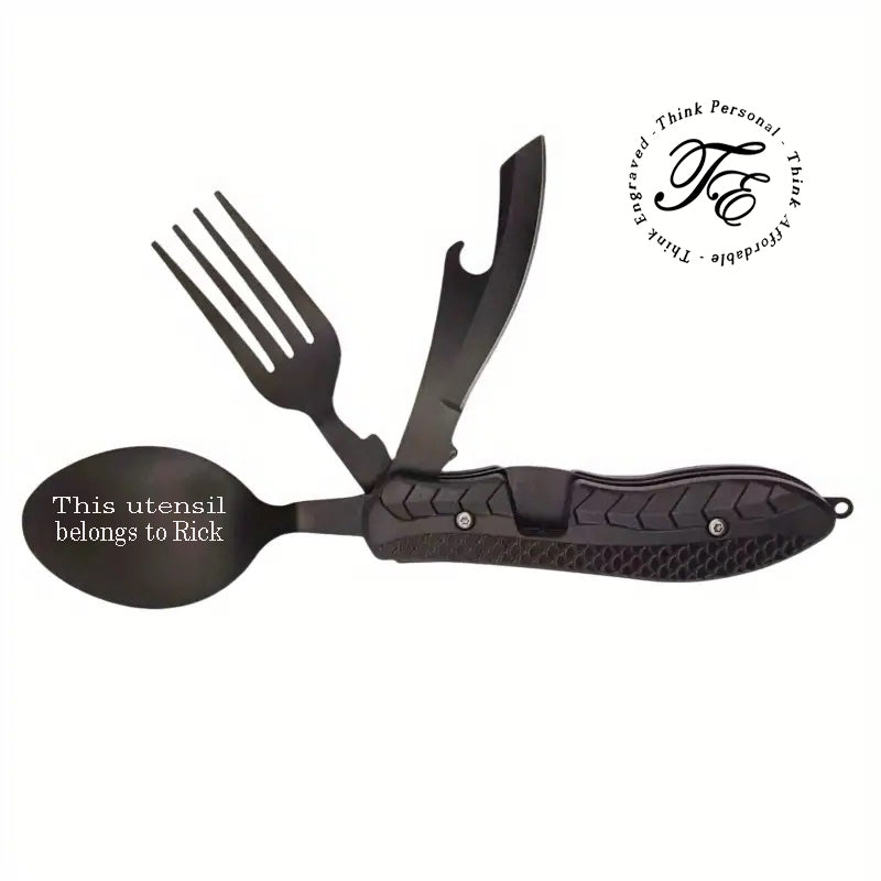ThinkEngraved Personalized utensils Personalized Camping or Picnic Fork, Spoon, and Knife Folding Utensil Multi-Tool Black