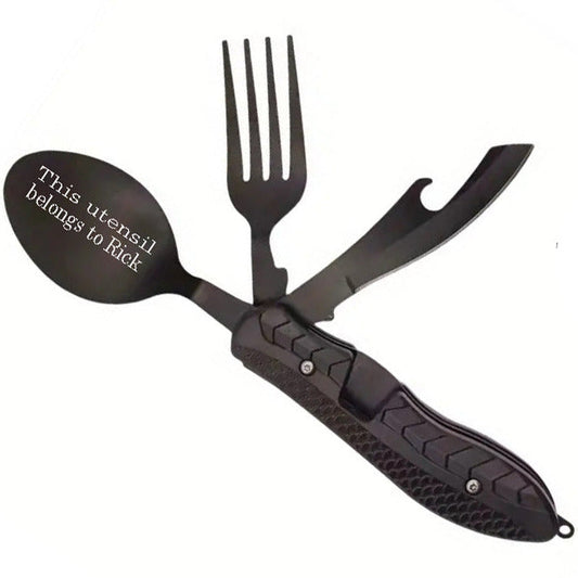 ThinkEngraved Personalized utensils Personalized Camping or Picnic Fork, Spoon, and Knife Folding Utensil Multi-Tool Black