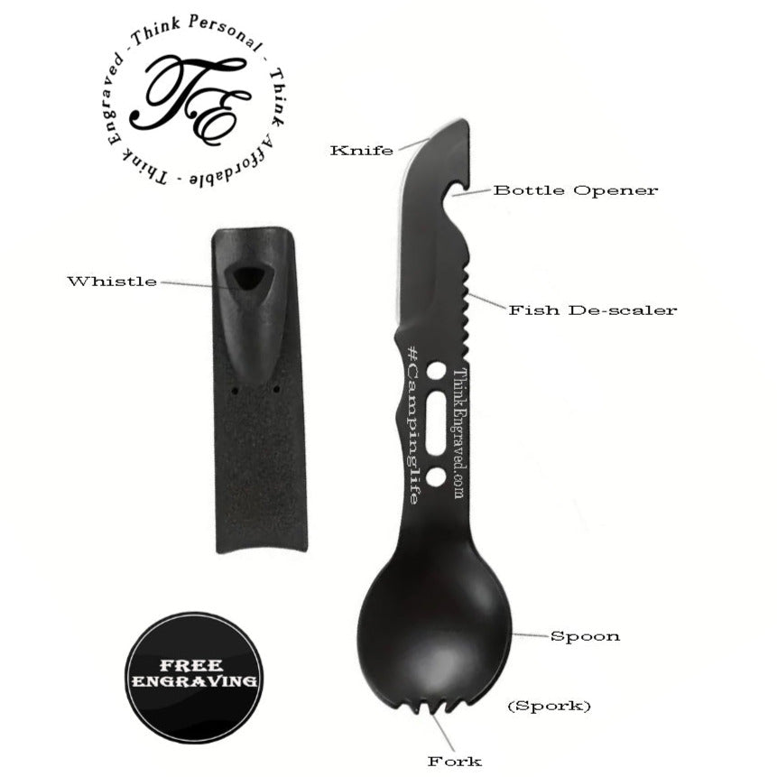 ThinkEngraved Personalized utensils Personalized Camping Spork and Knife 6 in 1 Survival Multi Tool Spork, knife, de-scaler bottle opener and more