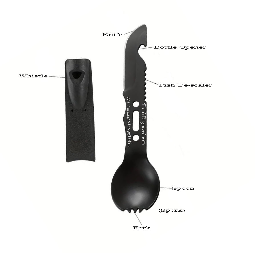 ThinkEngraved Personalized utensils Personalized Camping Spork and Knife 6 in 1 Survival Multi Tool Spork, knife, de-scaler bottle opener and more