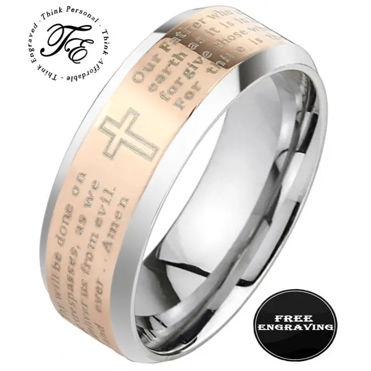 ThinkEngraved Prayer Ring 6mm size 5 Custom Engraved The Lord's Prayer Engraved Christian Cross Purity Ring
