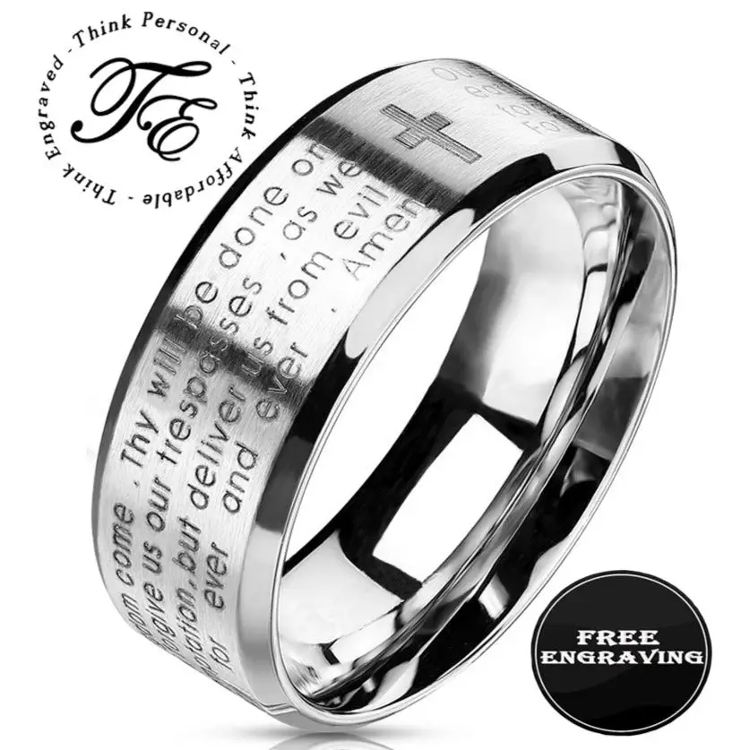 ThinkEngraved Prayer Ring 6mm size 5 Personalized Lord's Prayer Christian Cross Ring - Religious Ring Engraved
